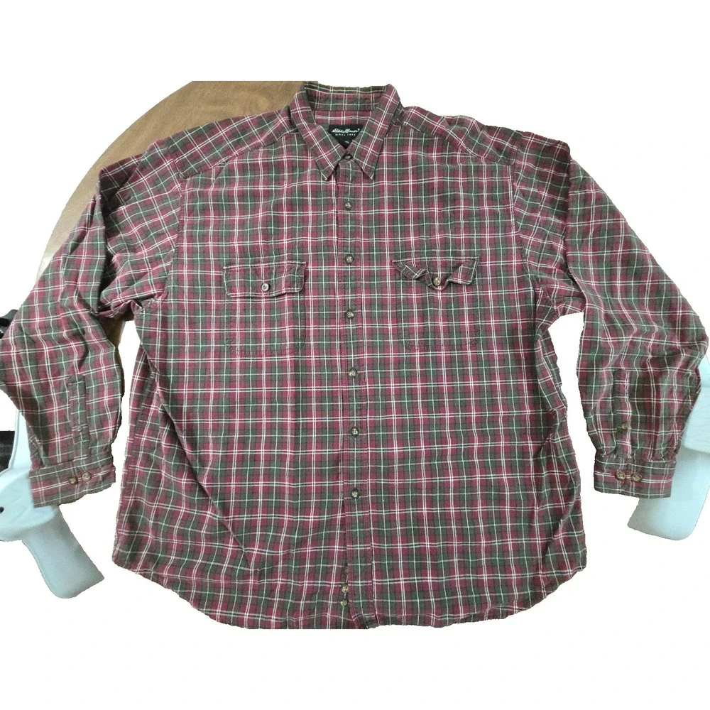 Eddie Bauer Shirt Men's 2XL Green Red Plaid Vintage Button Pockets Flannel XXL - Picture 3 of 5